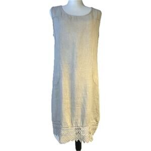 Lungo L'Arno 100% Linen Boxy Lagonlook Lace Hem Shift Dress Beige Tan Women M